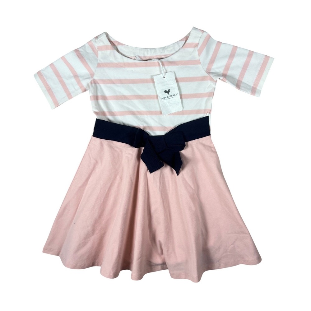 Hope & Henry Girls Pink White Striped Organic Cotton Bow Dress 18-24M Skater NWT
